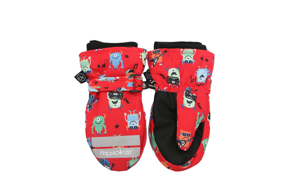 Kids Water Repellent Ski Mittens - Monsters (Red)